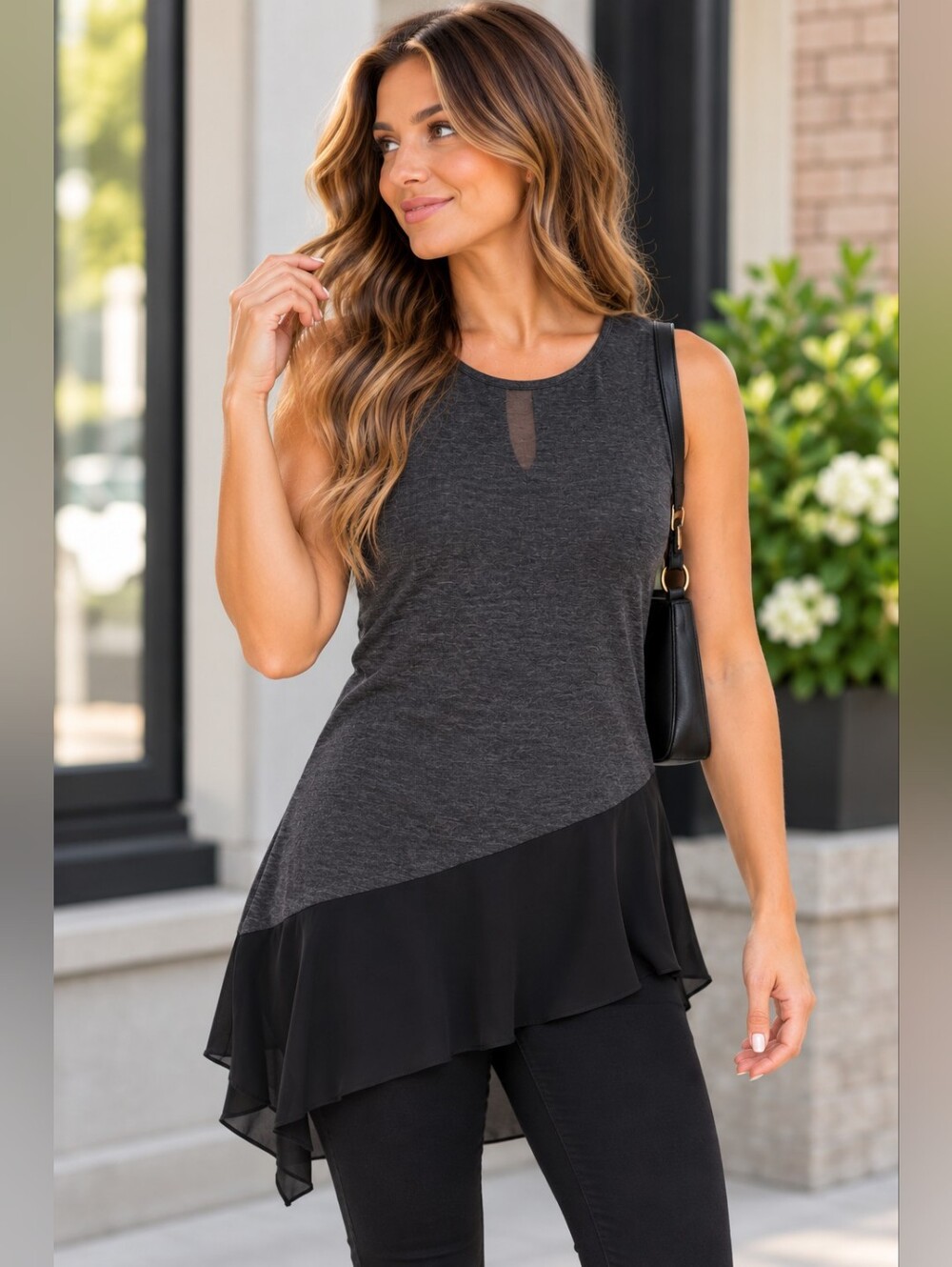 RW&CO Charcoal Black Asymmetrical Chiffon Hem Tank Top XS
